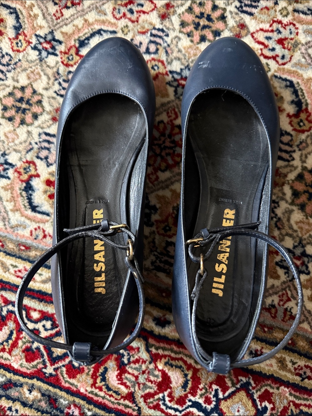 Jil Sander Navy Leather Ankle-Strap Ballet Flats